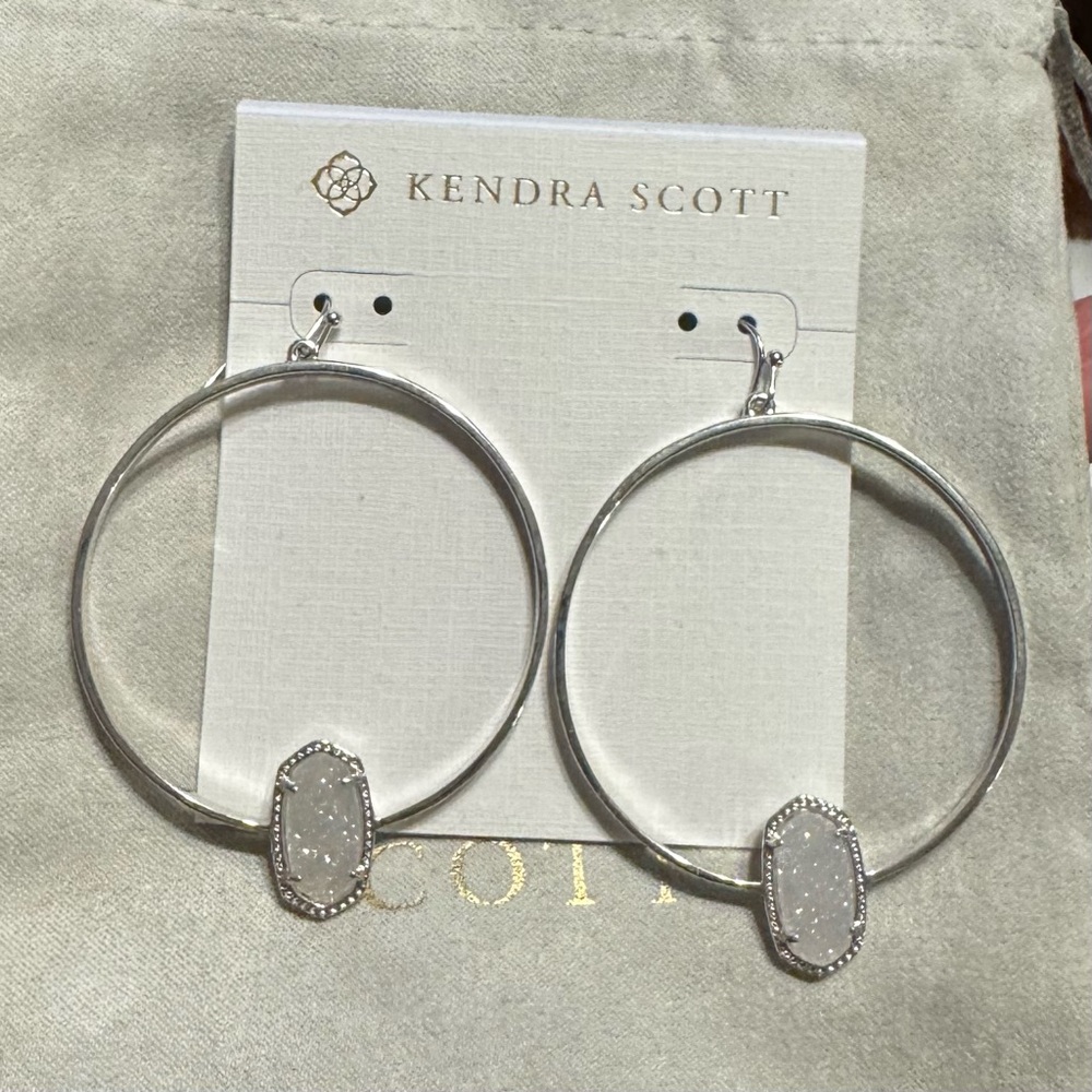Kendra Scott silver Elora dangle hoop earrings in iridescent drusy